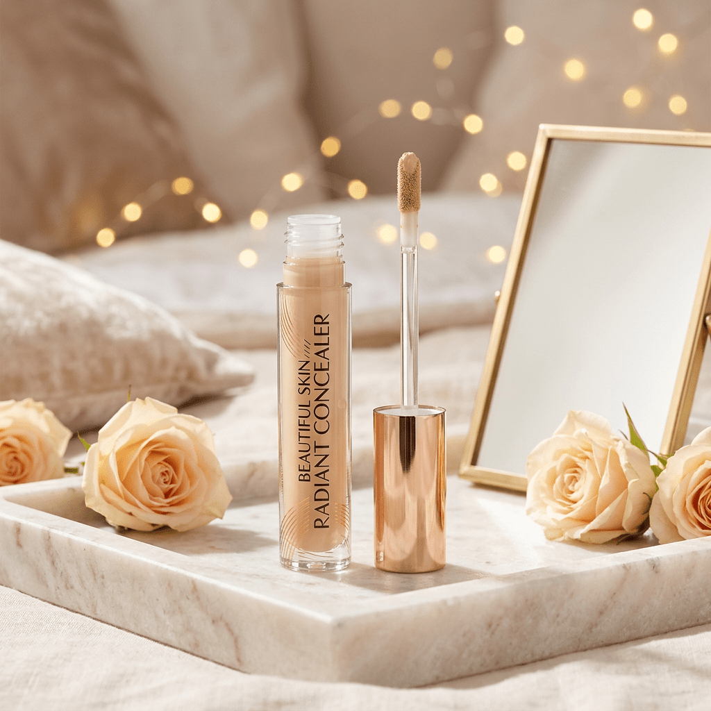 Charlotte Tilbury concealer on a golden-lit marble vanity