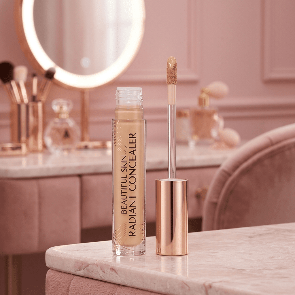Charlotte Tilbury concealer on a pink bedroom vanity