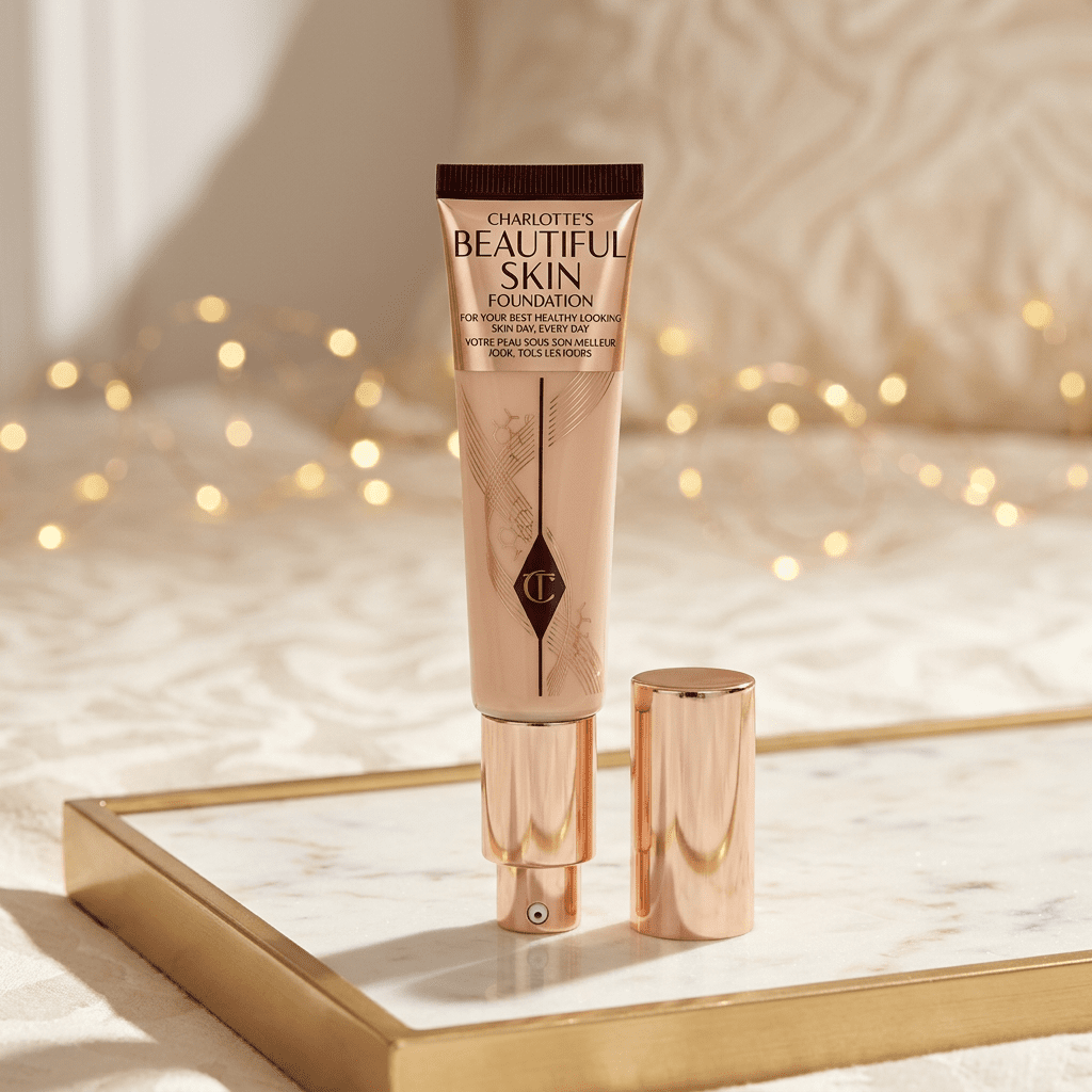 Charlotte Tilbury foundation on a golden-lit marble vanity