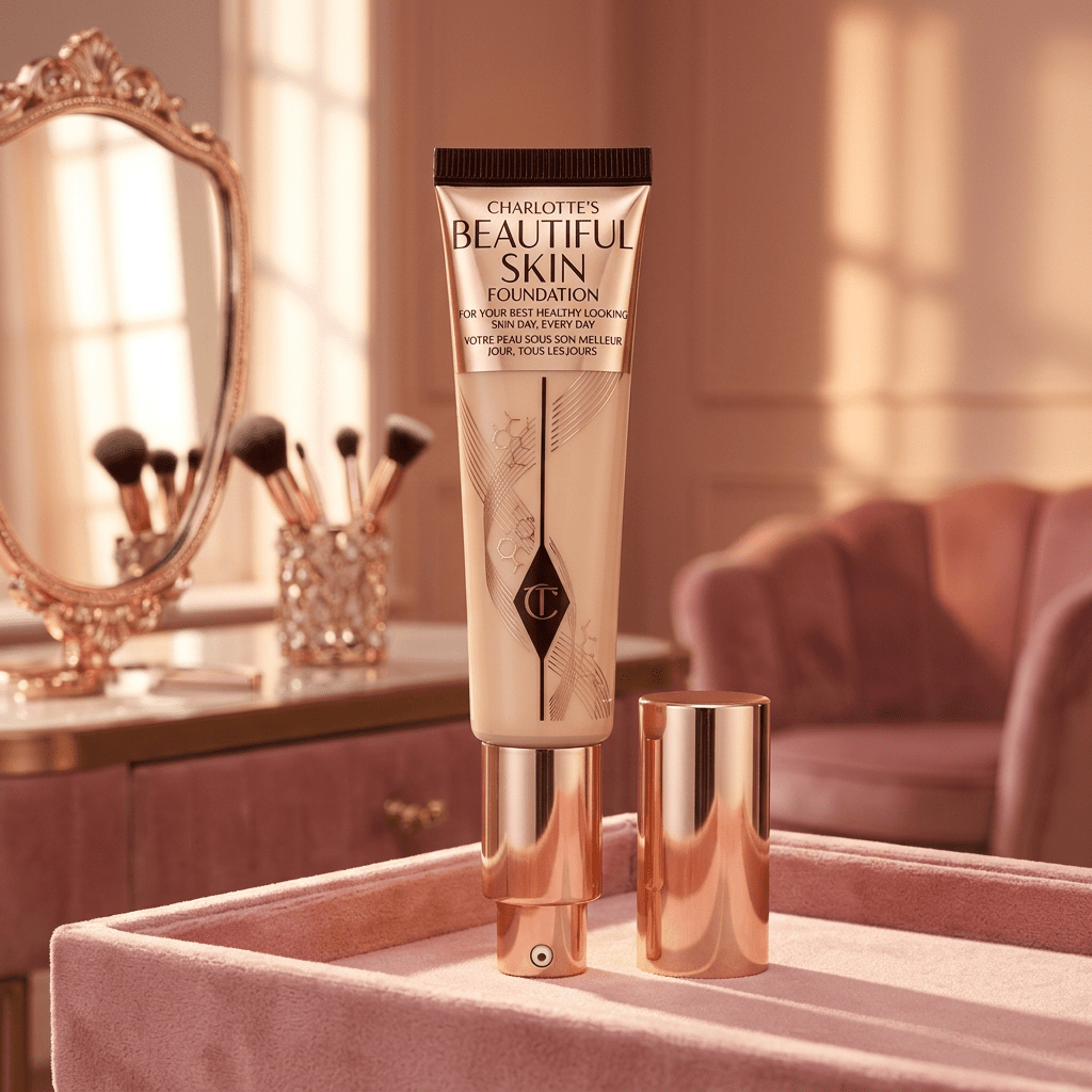 Charlotte Tilbury foundation on a pink makeup desk