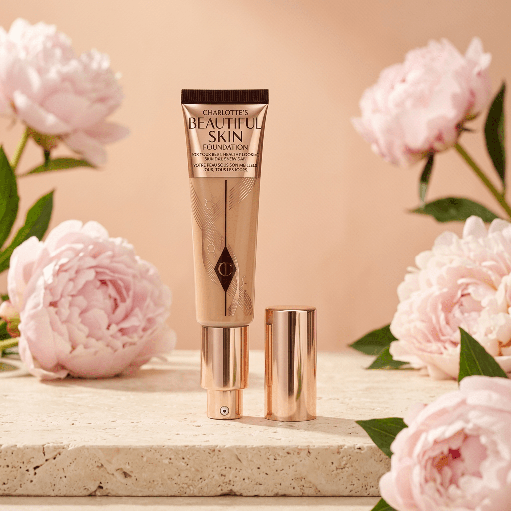 Charlotte Tilbury foundation with pink peonies