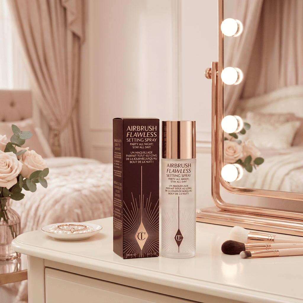 Charlotte Tilbury setting spray on a bedroom makeup desk