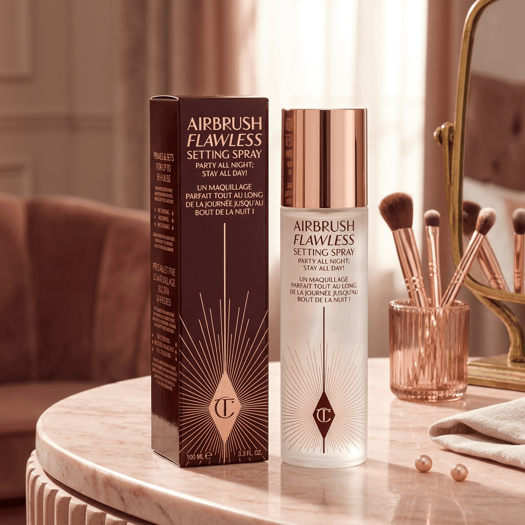 Charlotte Tilbury setting spray on a blush makeup vanity