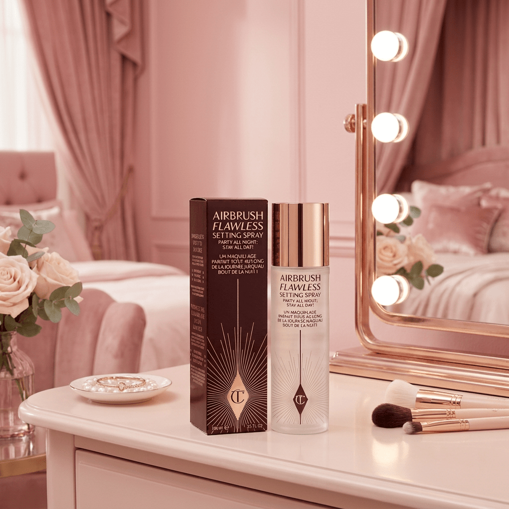 Charlotte Tilbury setting spray on a makeup desk in a pink bedroom