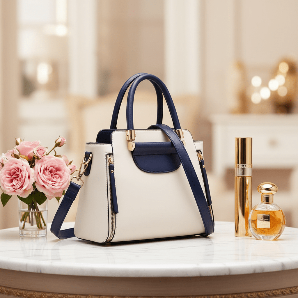 Cream Navy Bag on Marble with Roses