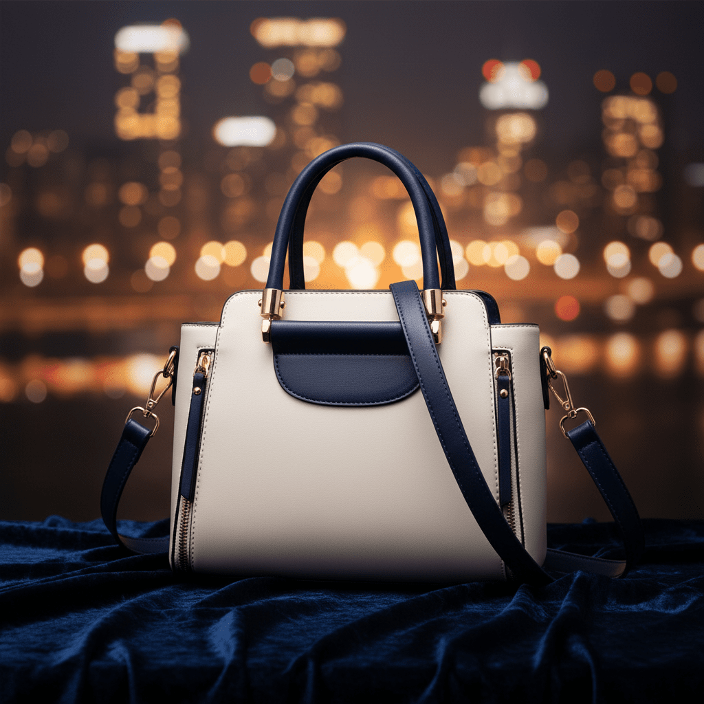 Cream Navy Bag on Velvet with City Lights
