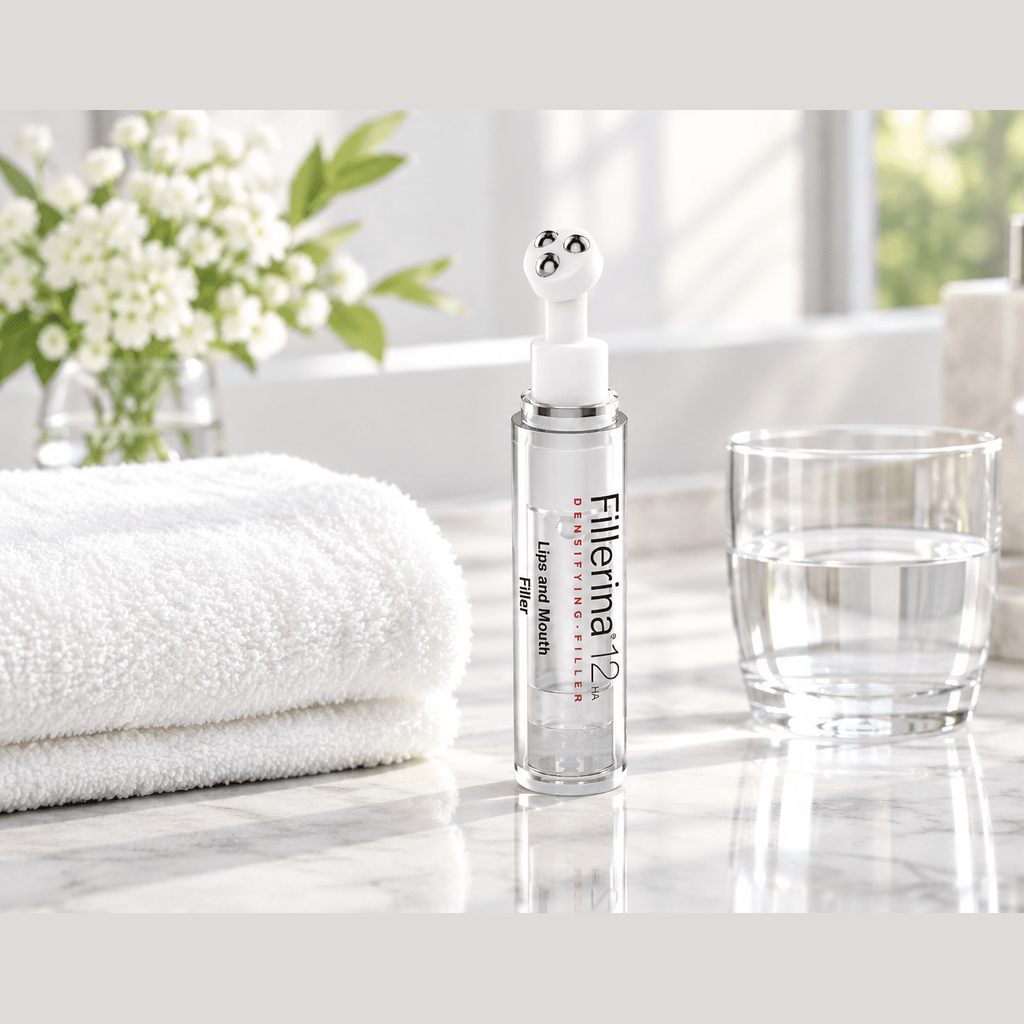 Fillerina product image on a bathroom counter