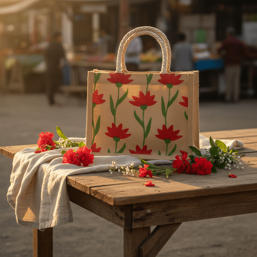 Floral Jute Tote – Rustic Market