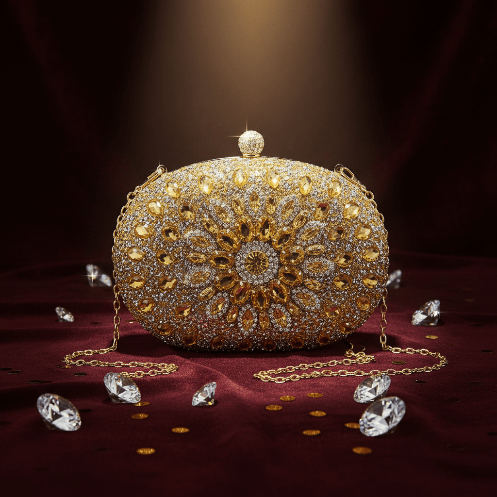 Gold Rhinestone Clutch - Burgundy Velvet