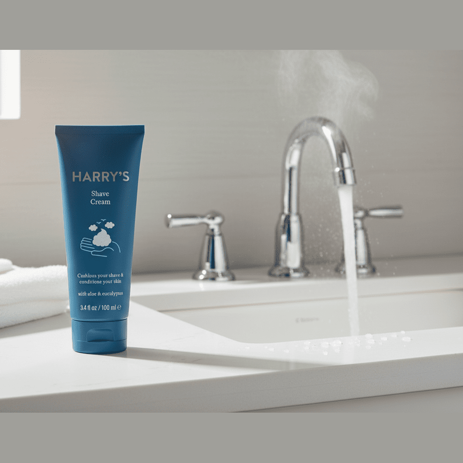 Harry's Shave Cream on bathroom vanity