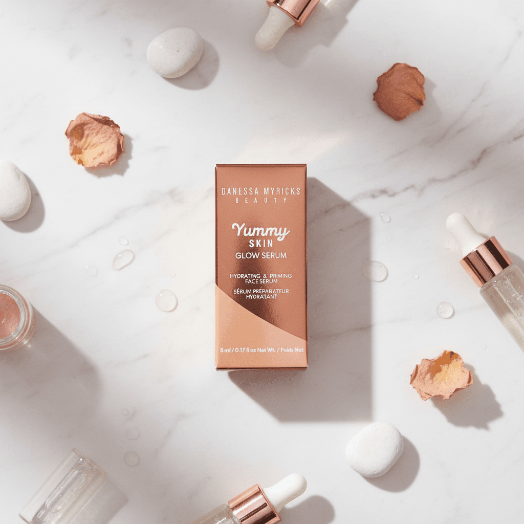 Danessa Myricks Beauty Yummy Skin Glow Serum marble flatlay