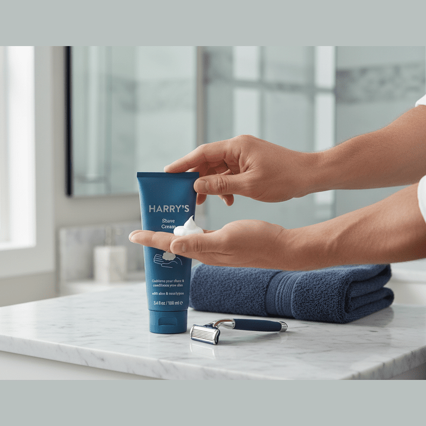 Harry's Shave Cream in use in modern bathroom