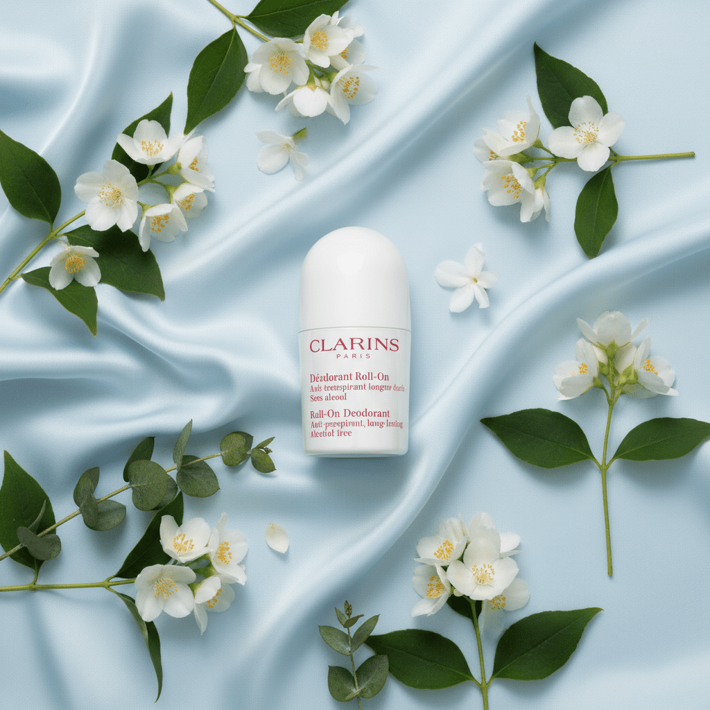 Clarins Gentle Care Roll-On Deodorant on silk with jasmine flowers