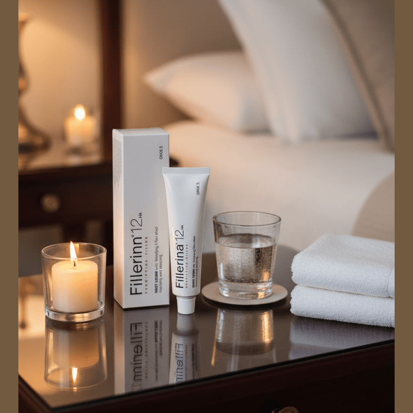 Cosmetic product with packaging, glass of water, and candle on a reflective surface.