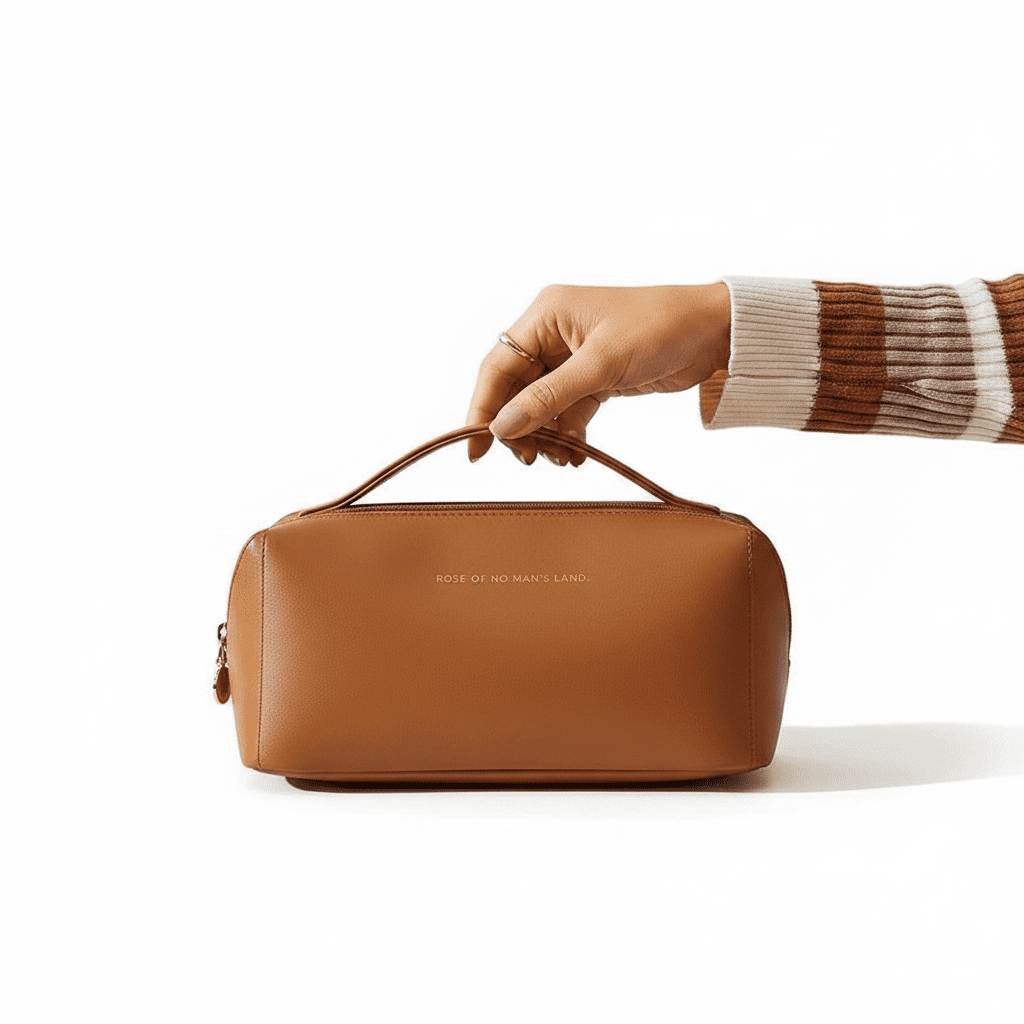 Premium leather travel toiletry bag closed exterior view