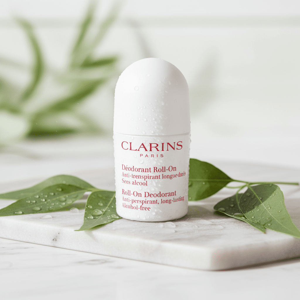 Clarins Gentle Care Roll-On Deodorant on marble with botanicals