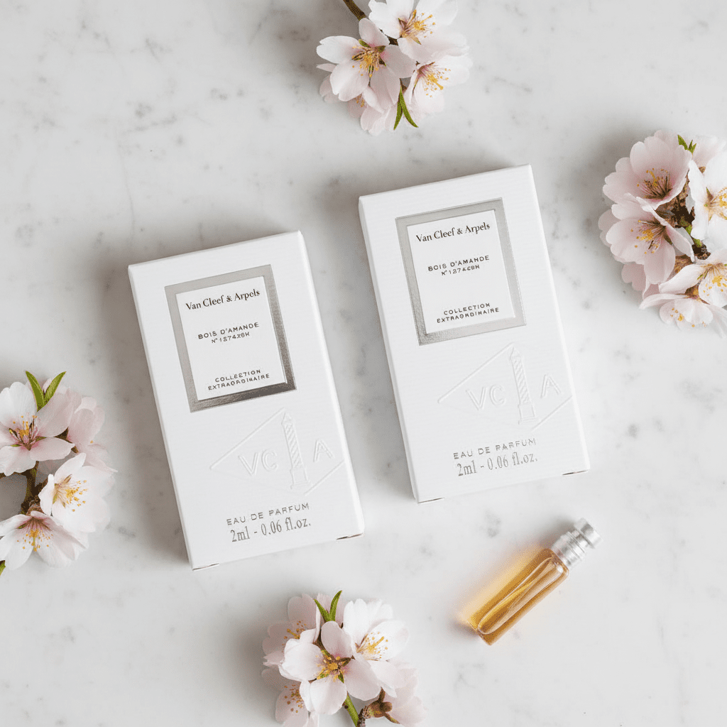 Van Cleef & Arpels Bois d'Amande EDP Sample Bundle marble flatlay