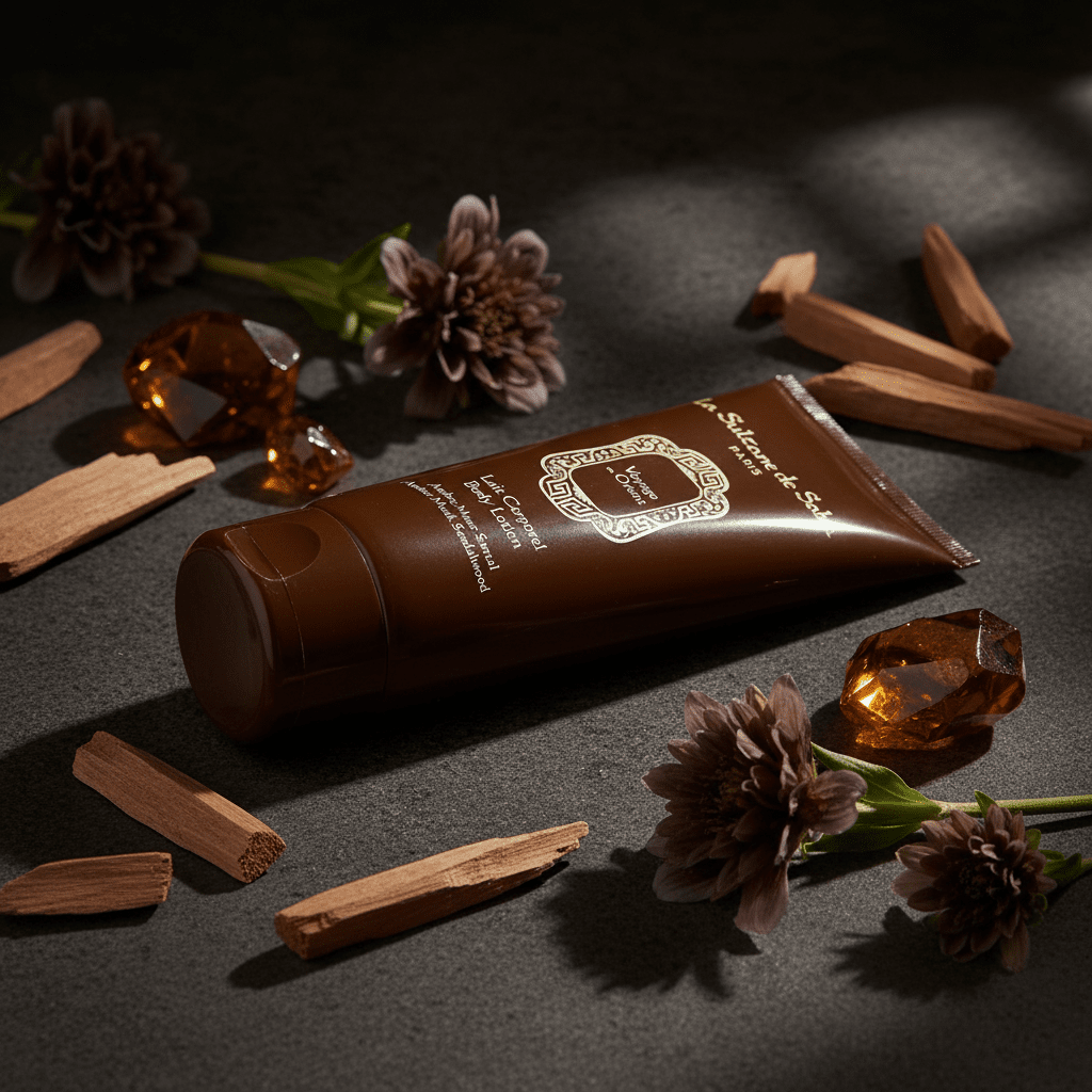 Brown tube with gold accents on a dark surface with flowers and amber stones