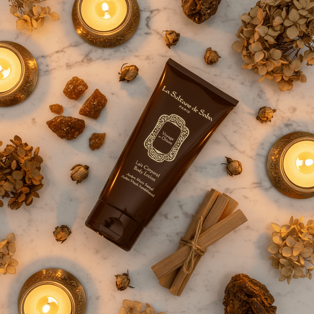 La Sultane de Sable body lotion on a marble surface with candles and dried flowers