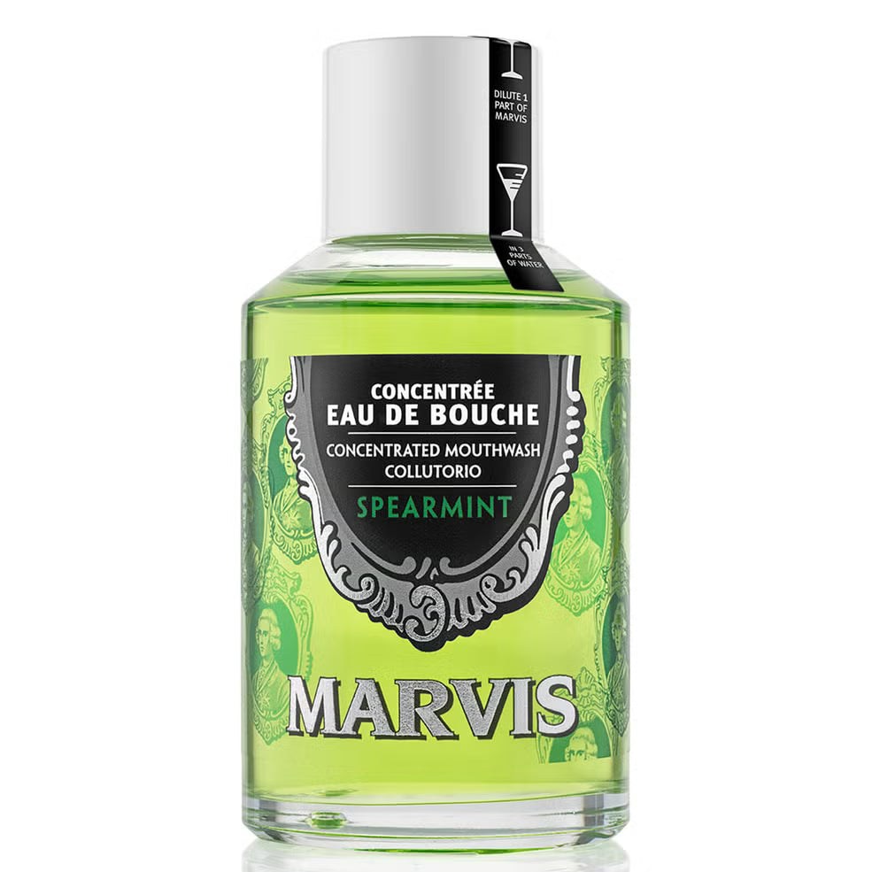Marvis spearmint mouthwash bottle on a white background