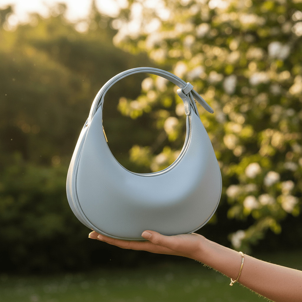 Light Blue Crescent Bag in Garden Setting