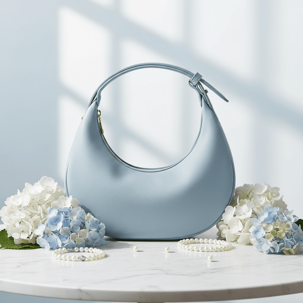 Light Blue Crescent Bag on Marble with Flowers