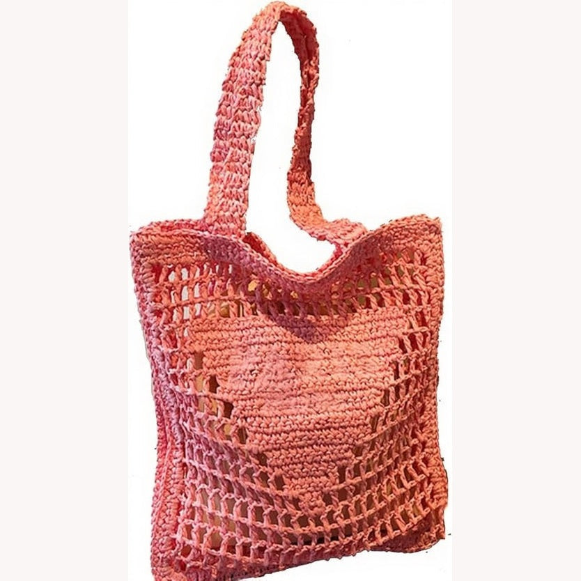 Pink Crochet Straw Beach Tote Bag