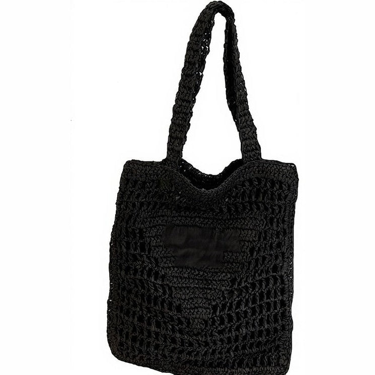 Black Crochet Straw Beach Tote Bag