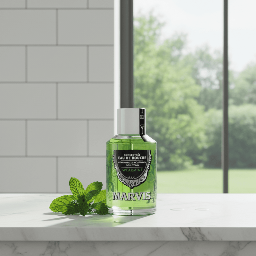 Green bottle of Marvis mouthwash on a marble surface with a window in the background