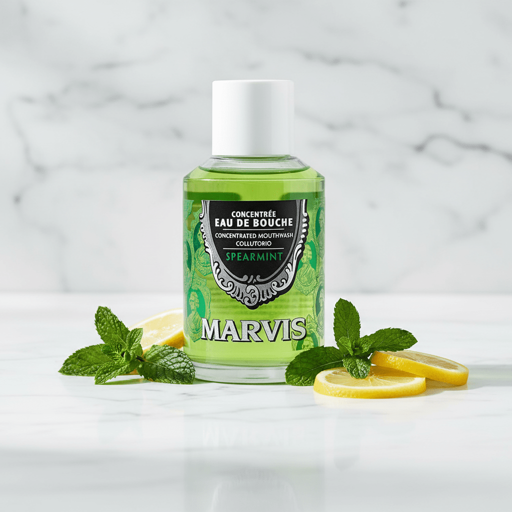 Marvis spearmint mouthwash bottle with mint leaves and lemon slices on a marble background