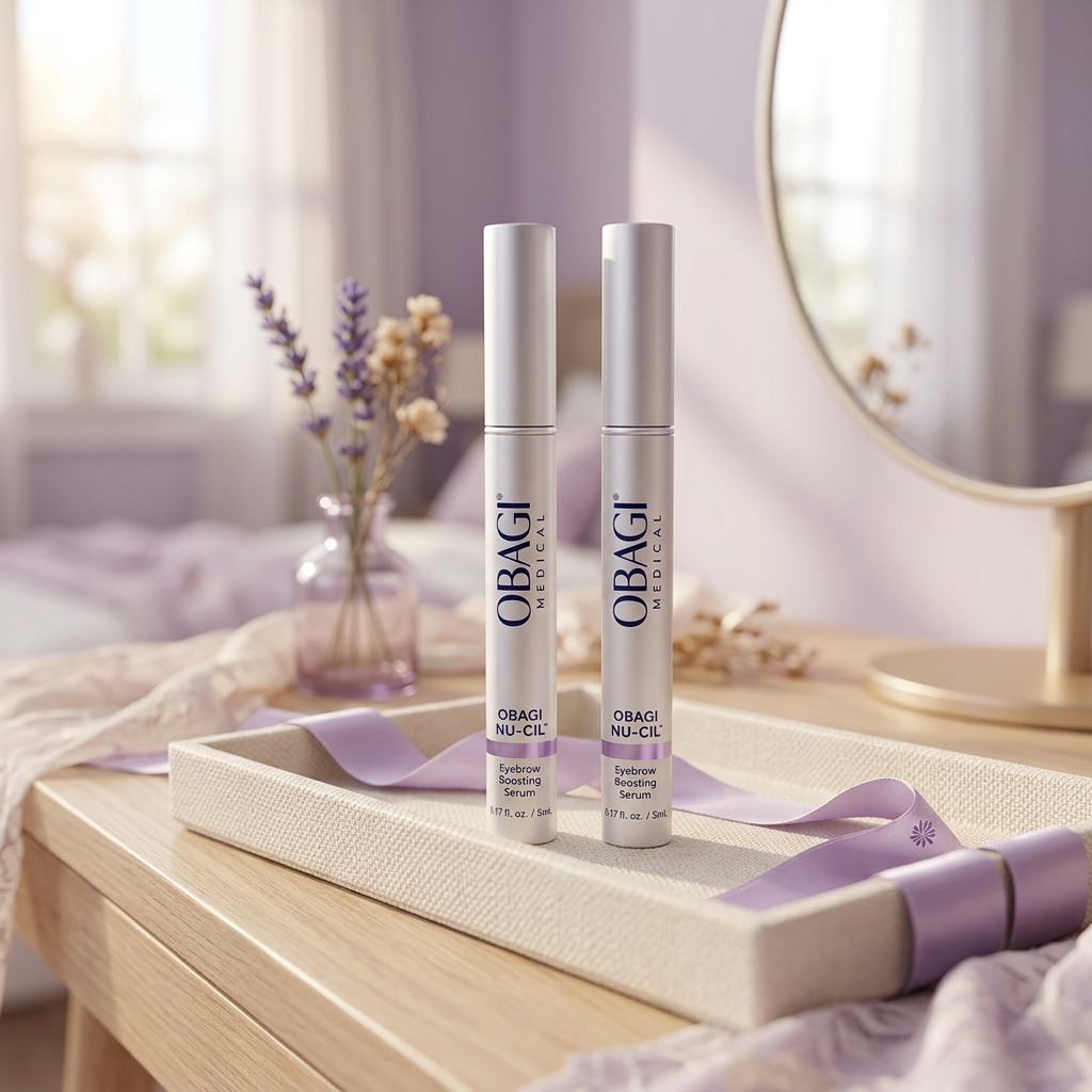 Obagi eyebrow serum two-pack on lavender vanity