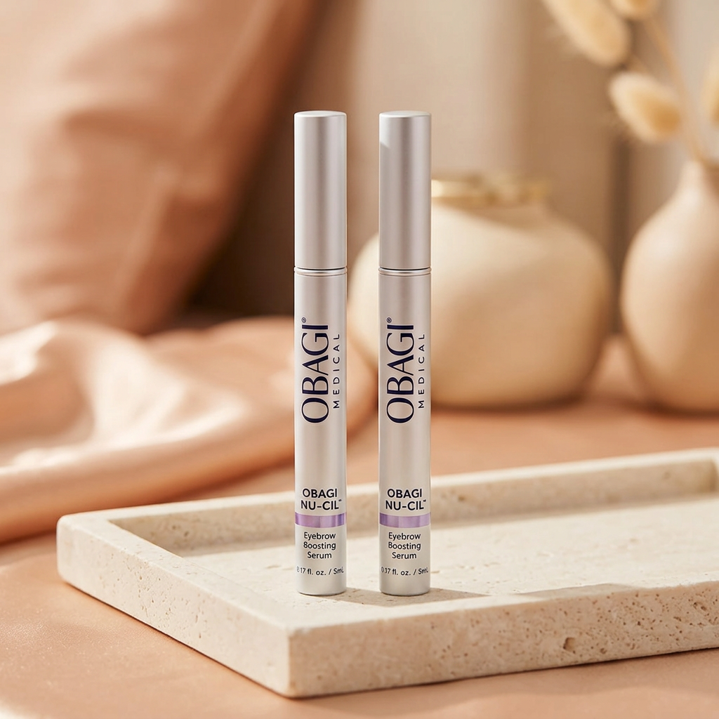 Obagi eyebrow serum two-pack on peach vanity