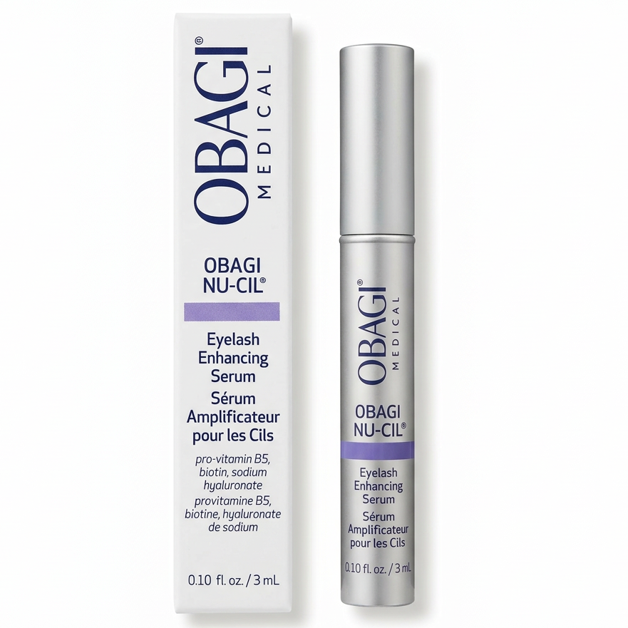 Obagi Nu-Cil Eyelash Enhancing Serum 3ml bottle and box on a white background