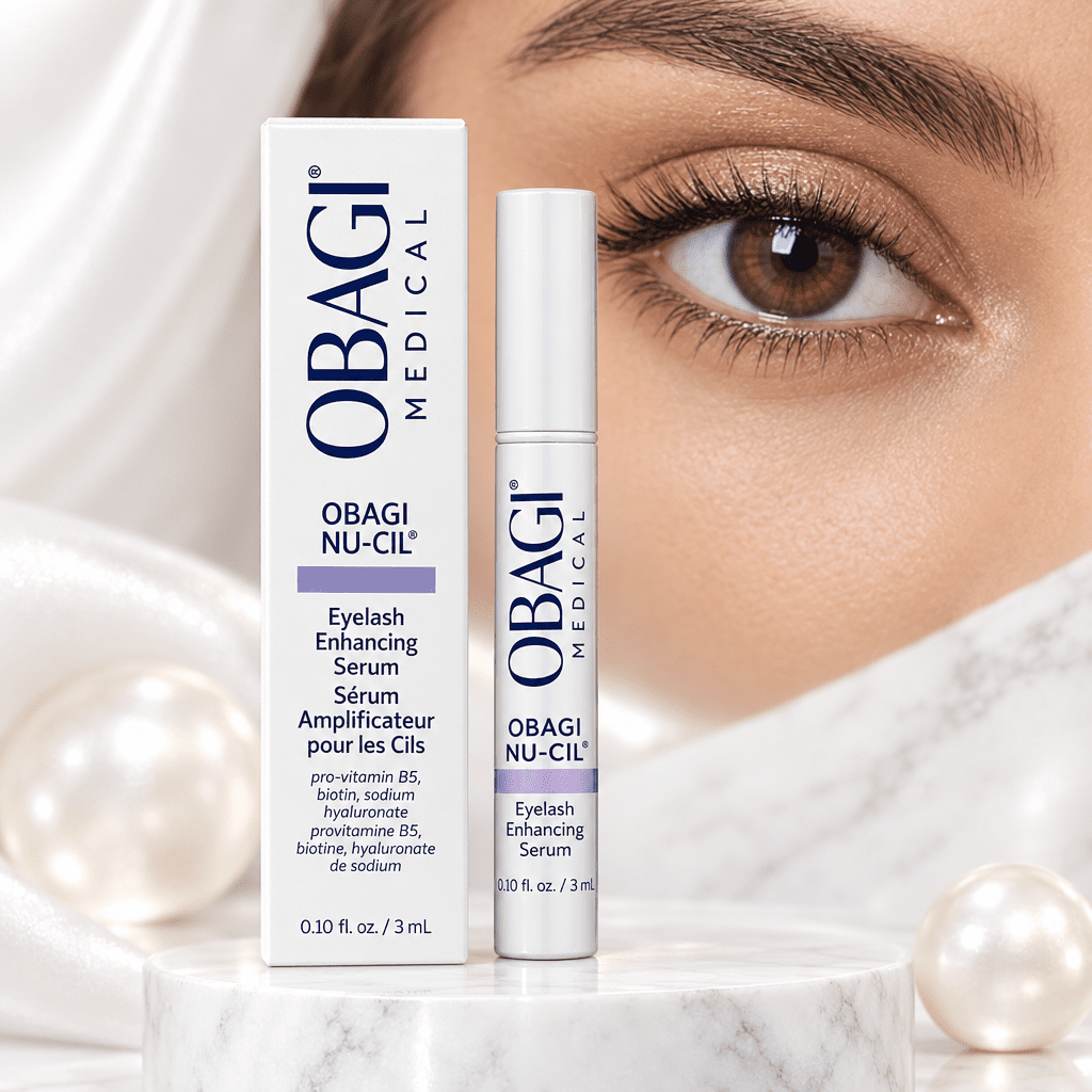 Obagi Nu-Cil Eyelash Enhancing Serum 3ml bottle and box with an eye and pearl-white background 
