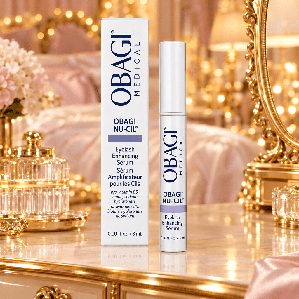  Obagi Nu-Cil Eyelash Enhancing Serum 3ml bottle and box on a golden vanity 