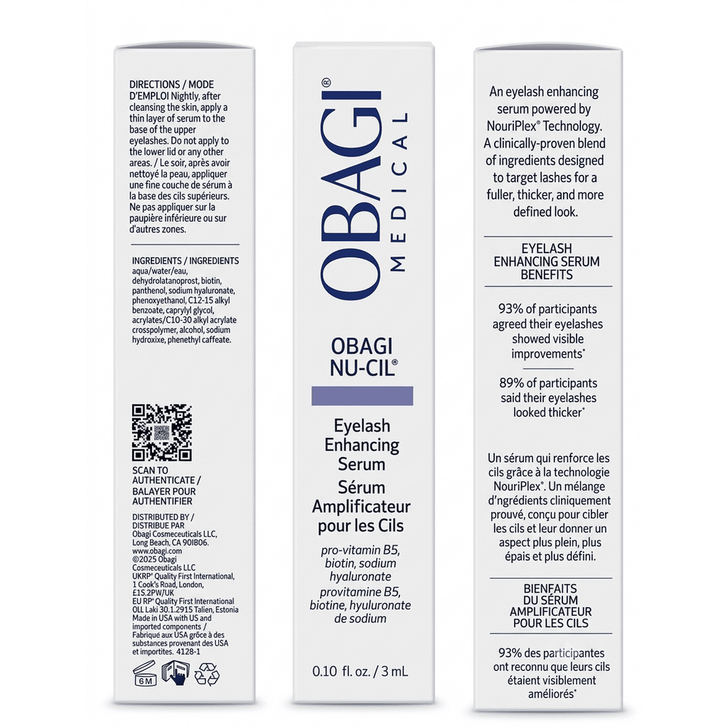 Obagi Nu-Cil Eyelash Enhancing Serum 3ml carton panels showing the front label, ingredients and directions 