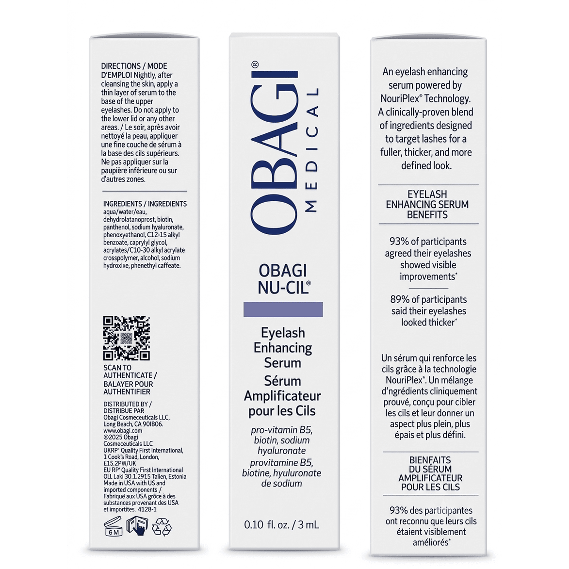 Obagi Nu-Cil Eyelash Enhancing Serum 3ml carton panels showing the front label, ingredients and directions 