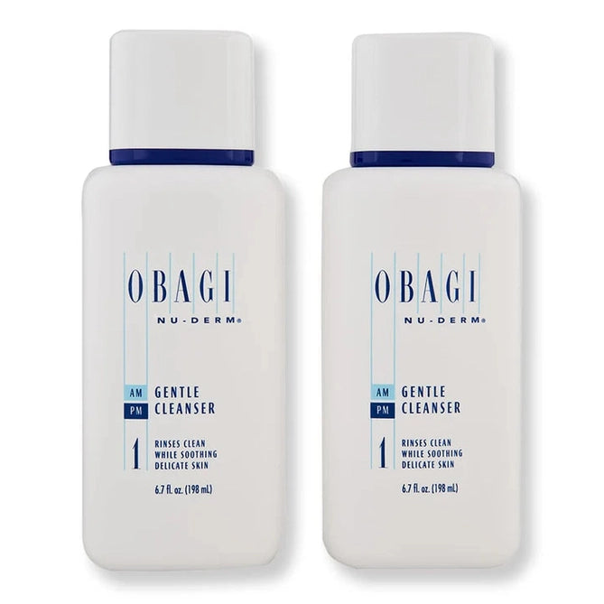 Two bottles of Obagi Nu-Derm Gentle Cleanser on a white background