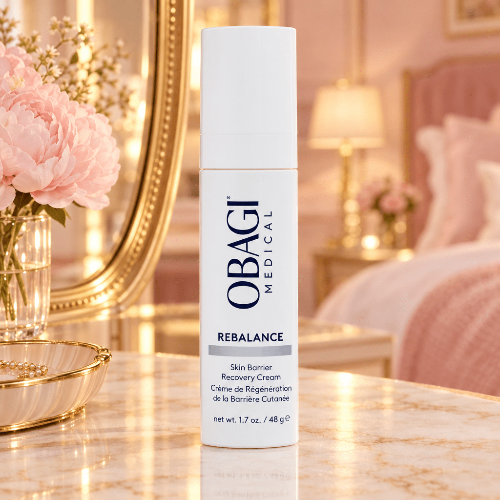 Obagi Rebalance on a blush bedroom vanity