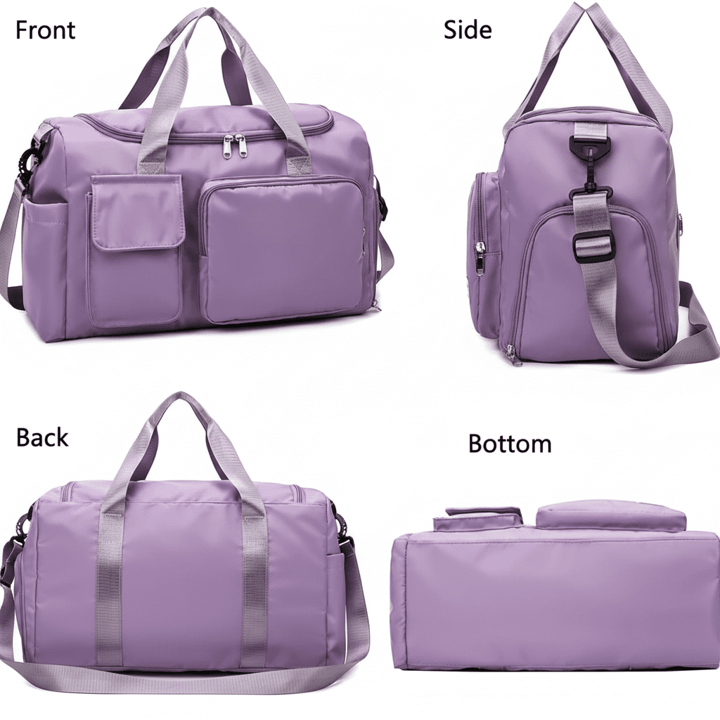 Purple Duffel Bag 4-Angle View – No Logo