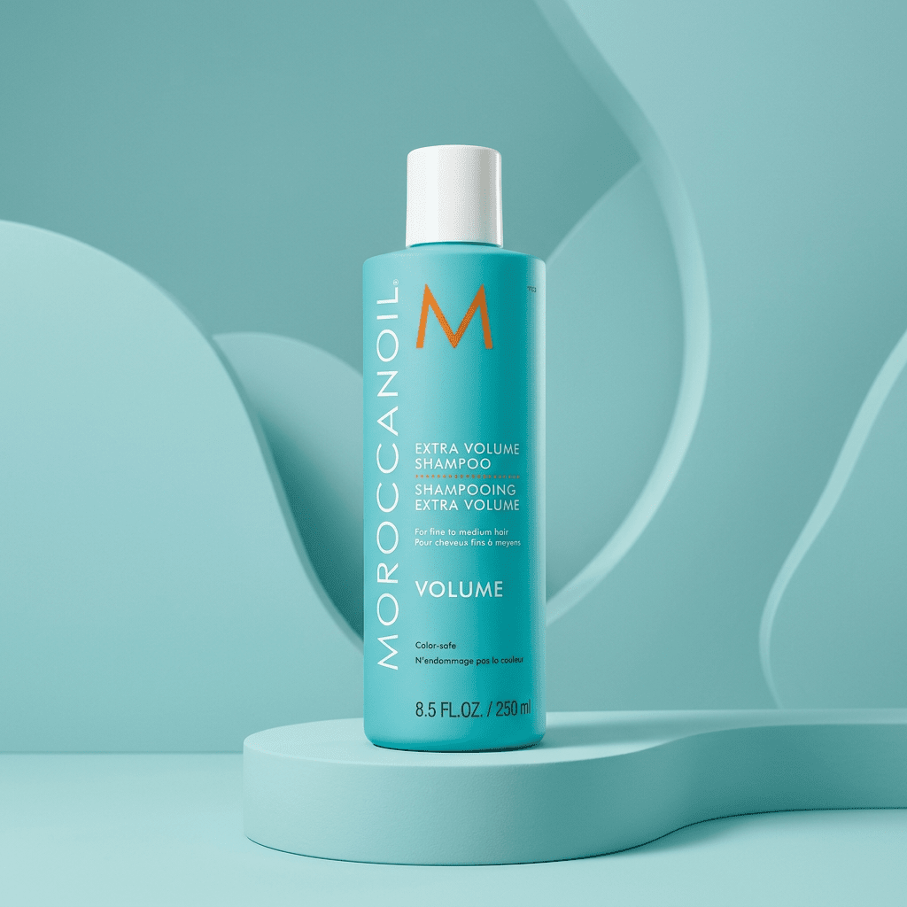 Shampoo on a turquoise studio podium