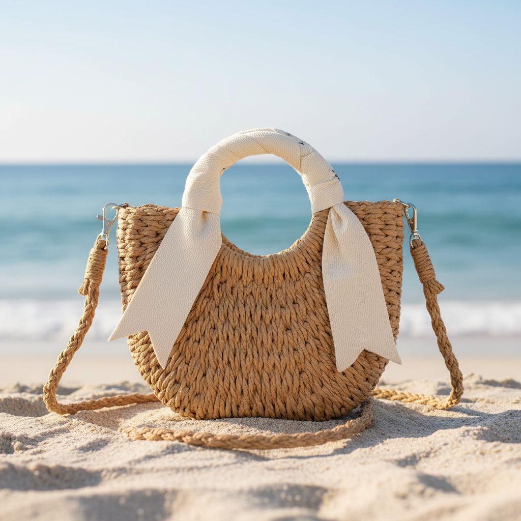 Straw bag on beach
