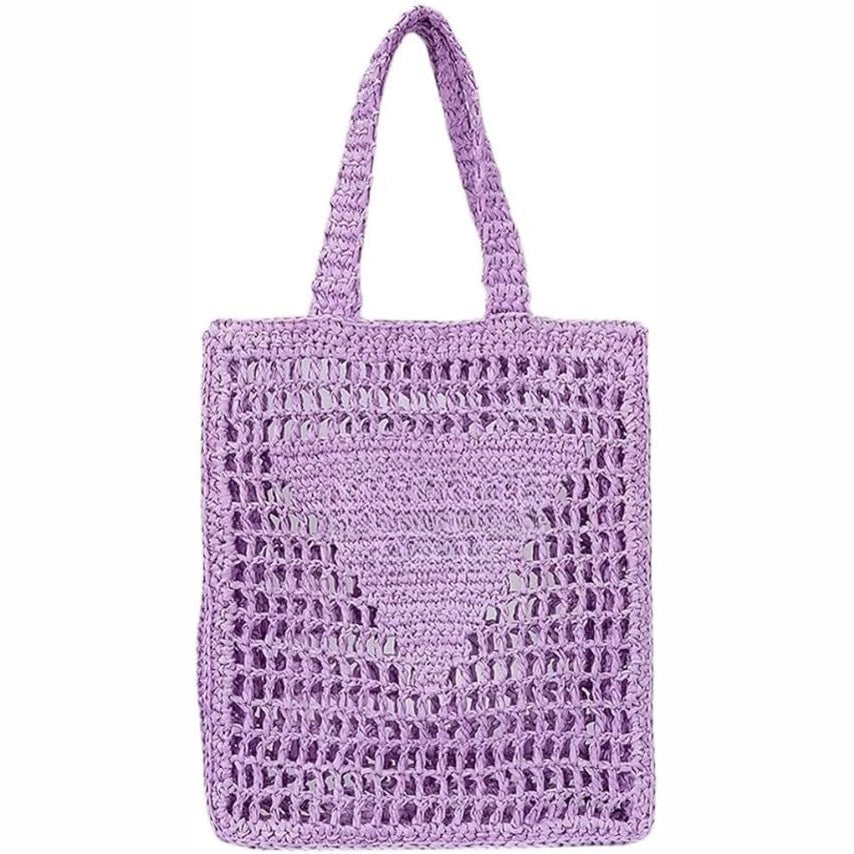 Purple Crochet Straw Beach Tote Bag